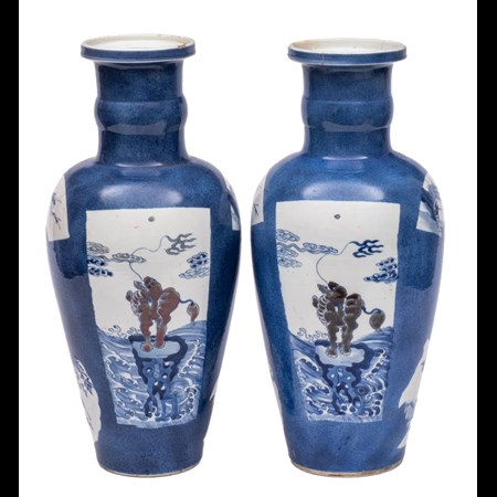 A Pair Of Chinese Underglaze Blue And Copper Red Rouleau Vases Each Of Ovoid Form With Cylindrical