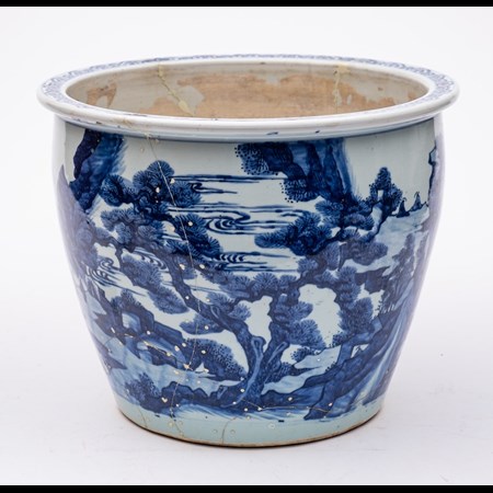 A Large Chinese Blue And White 'Landscape' Jardiniere The Exterior Painted Overall With Figures