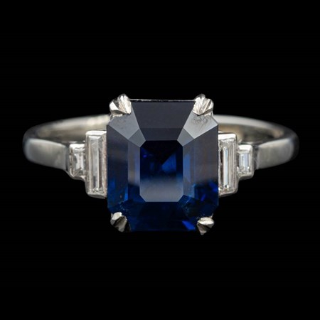 An Art Deco Sapphire And Diamond Ring, The Rectangular Cut Sapphire, Ca 3