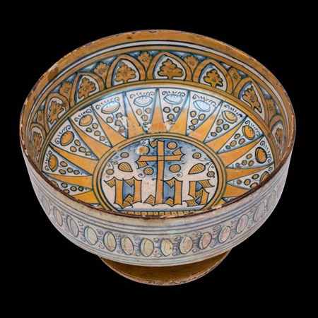 An Italian Deruta Gold Lustred Maiolica High Footed Bowl Decorated In Blue And Gold Lustre